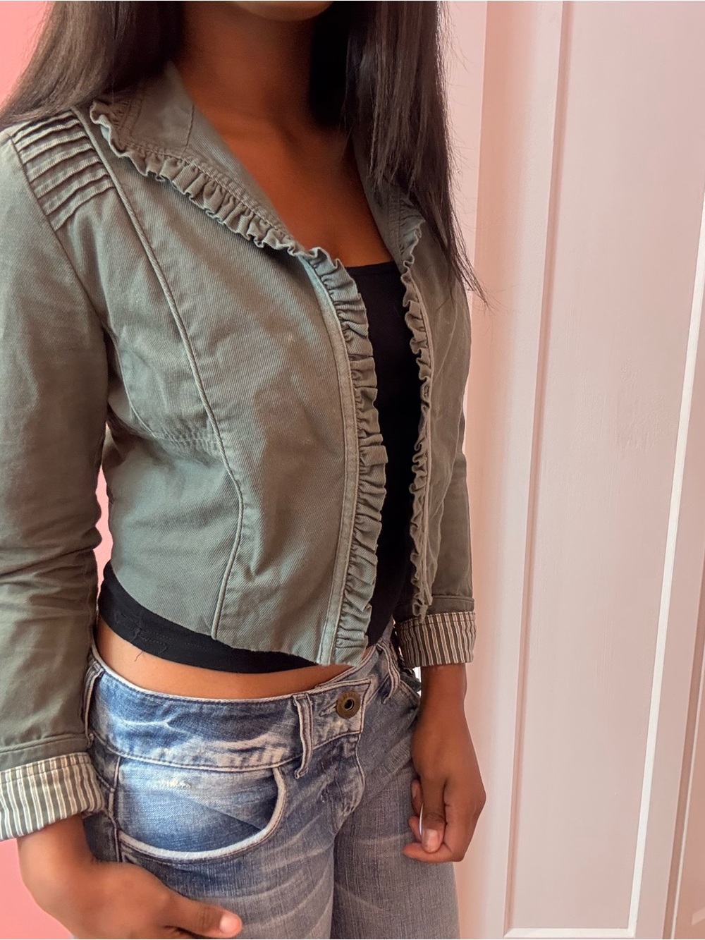 y2k cropped Ruffle-Trim Jacket - Picture 2 of 4